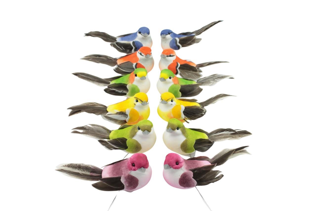 Vogel Berta Styropor 5x2 cm m. 20 cm Draht bunt gem.