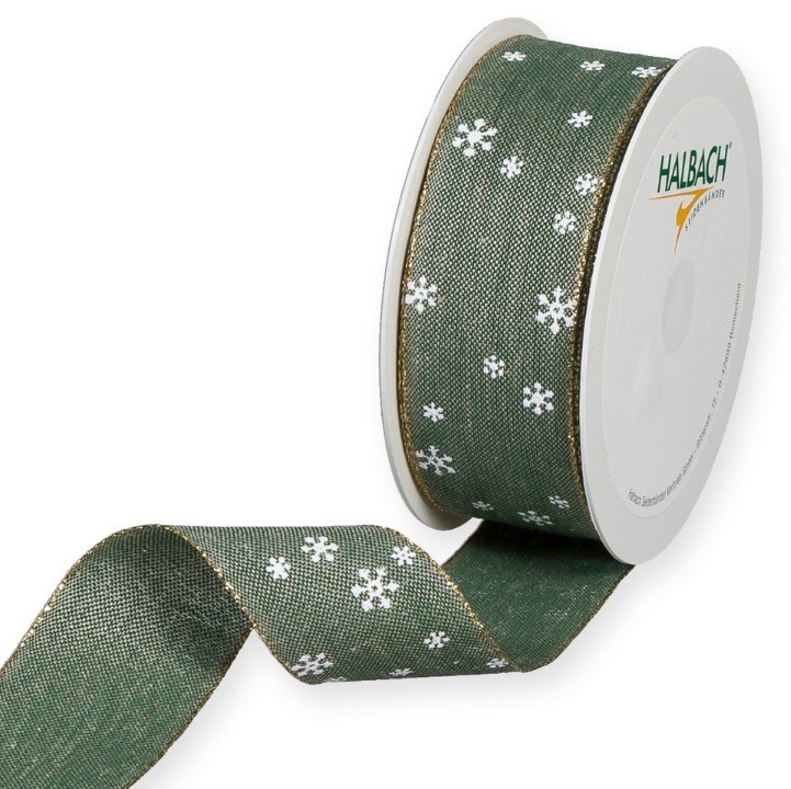 Leinen-Band Schneesterchen 40 mm 15 Meter grün/weiss/gold 32