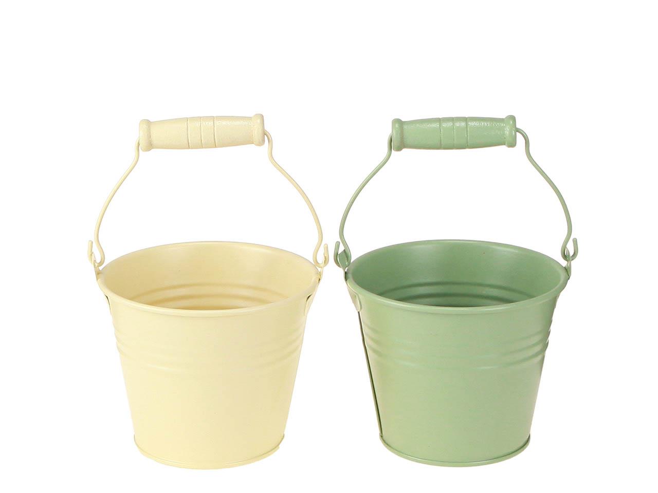 Übertopf m. Holzgriff Metall vanille-grün D14cm