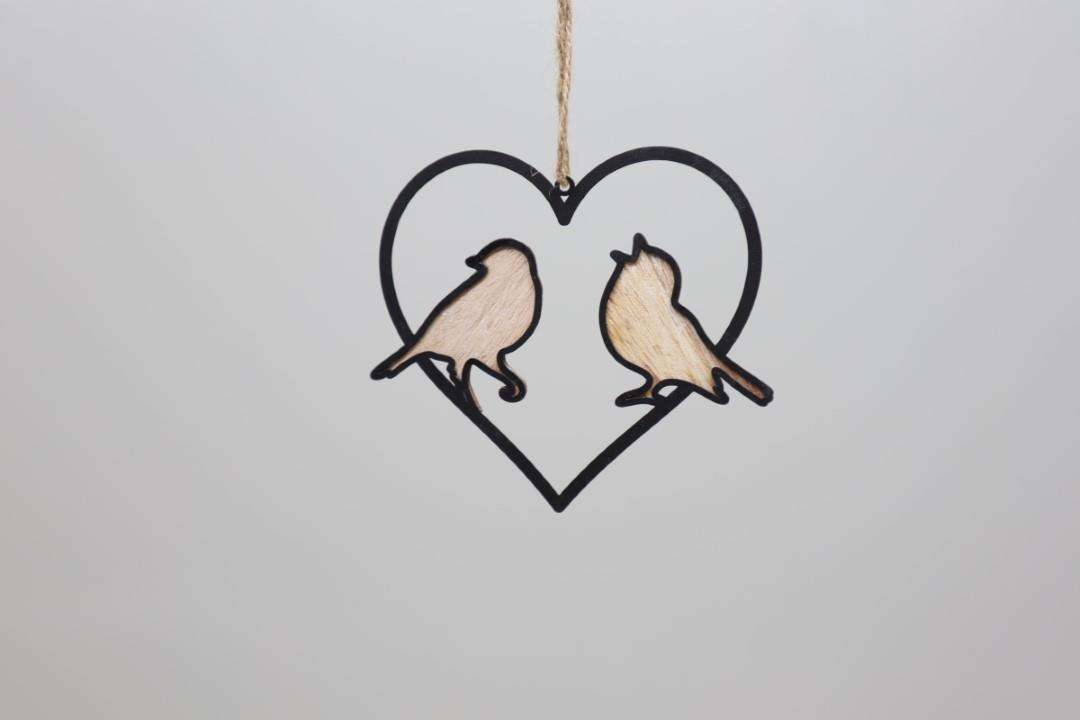 Hänger Herz mit Vogelpaar Holz/Metall natur/schwarz 11,5cm