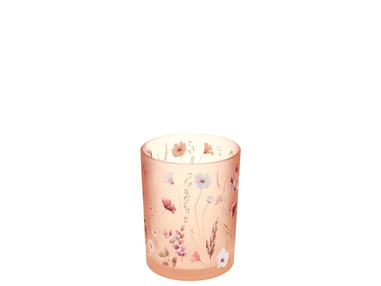 Windlicht m. Blumendeko Glas apricot D7,3cm H8cm