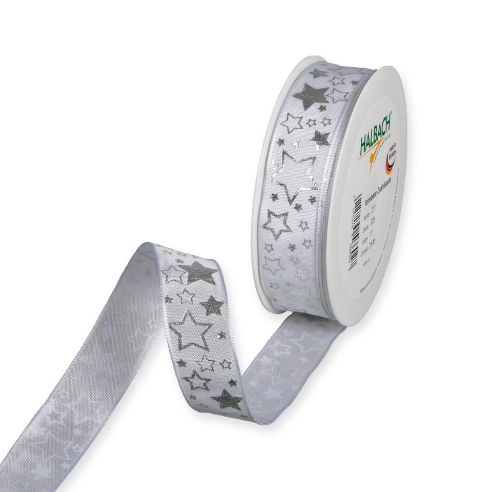 Druckband Sterne 25 mm 25 Meter weiss/silber 11
