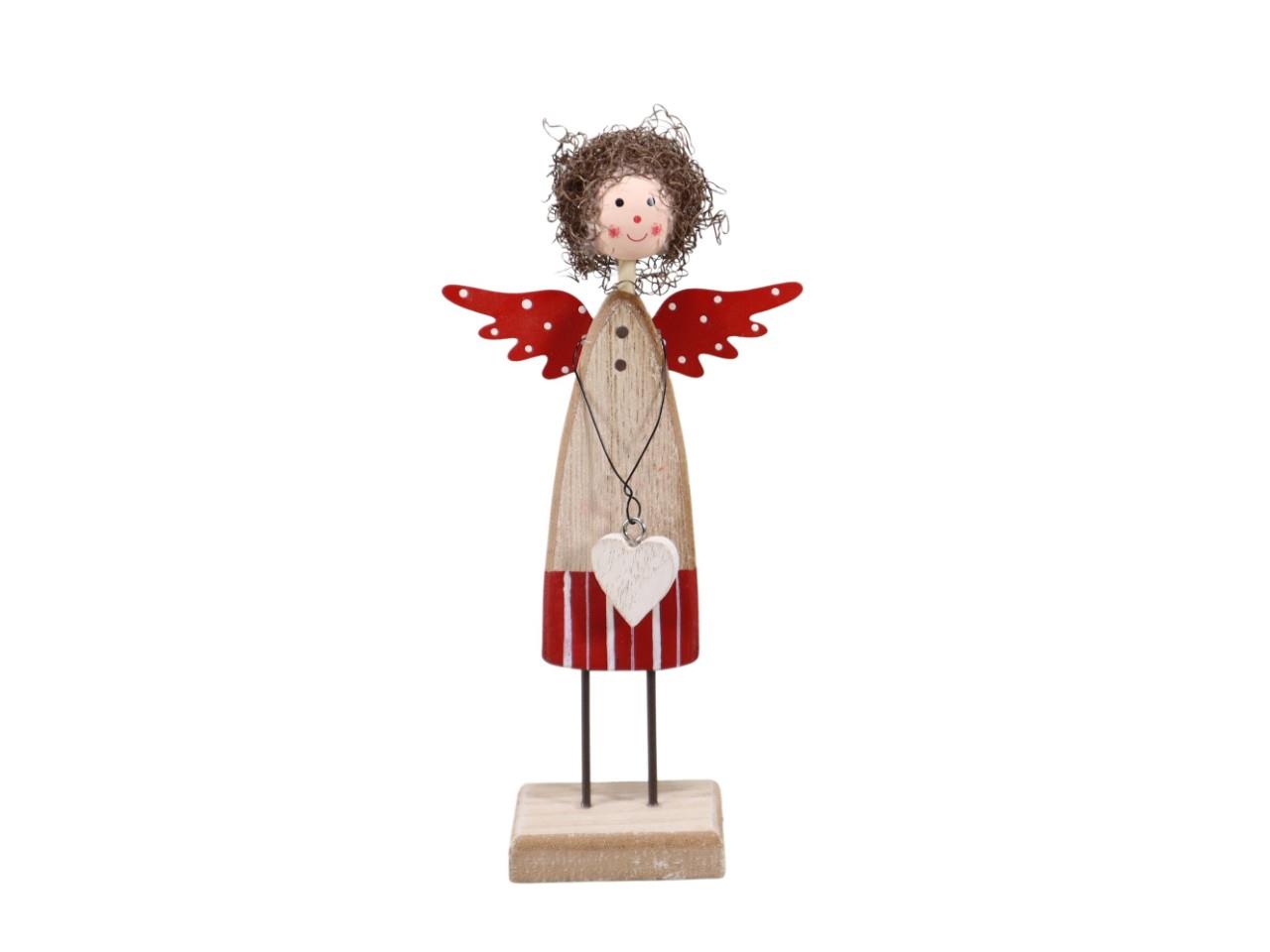 Engel stehend m. Herzchen Holz natur-rot H18cm