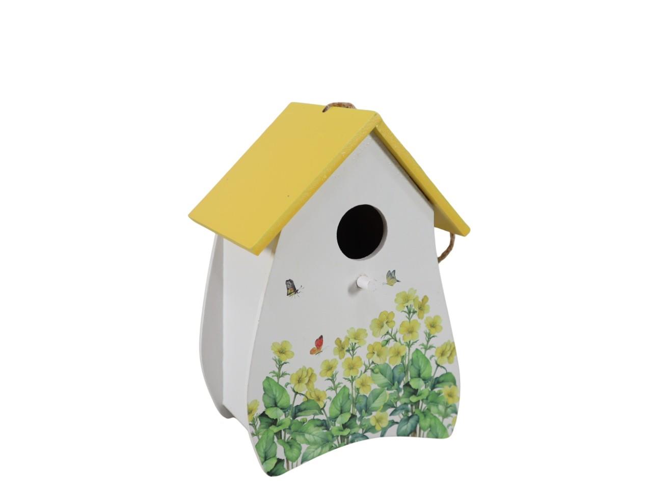 Hänger Vogelhaus Holz weiß-gelb Blütendekor B14xH21cm
