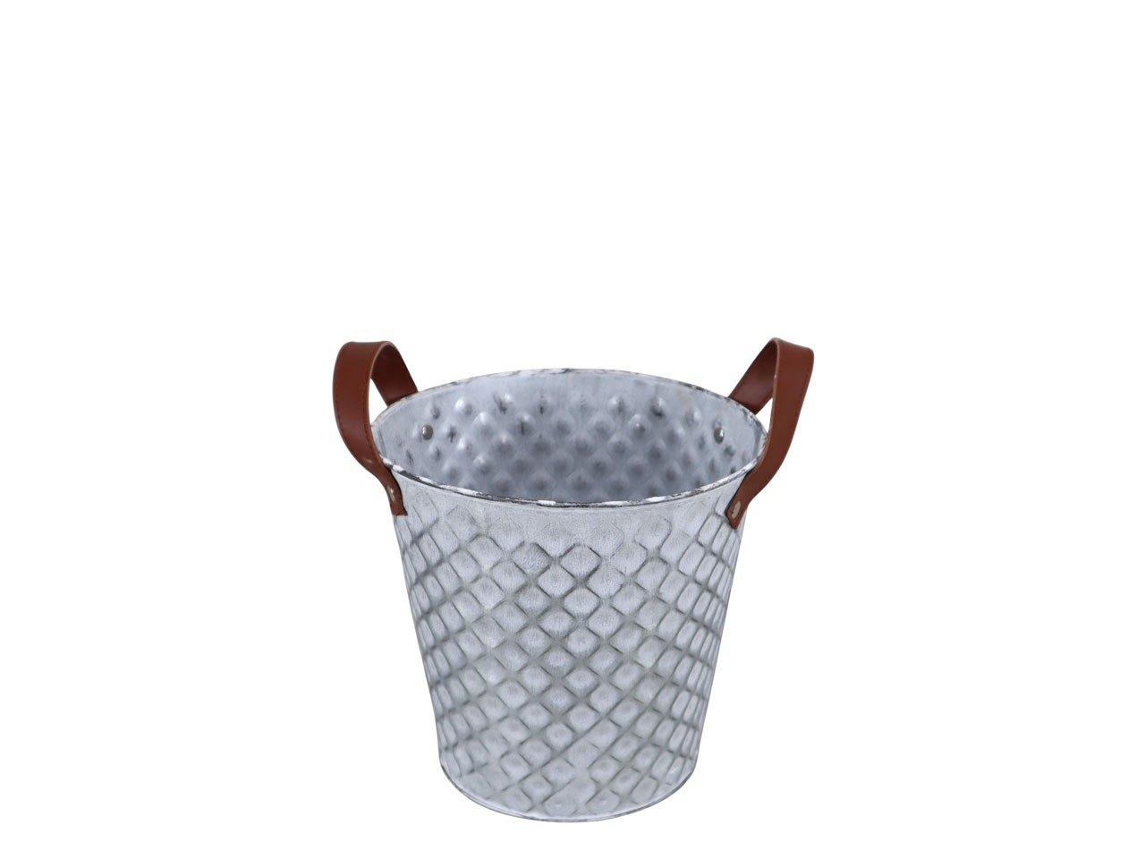 Übertopf Raute Metall m. Lederhenkel white-washed D20cm