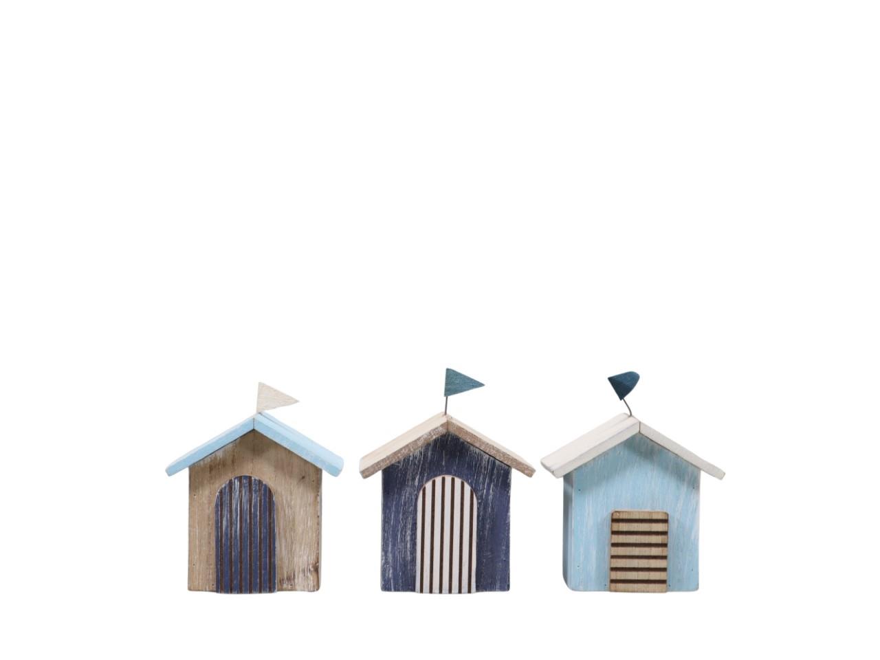 Strandhaus Maritim mit Fahne Holz natur/blau H12,5cm