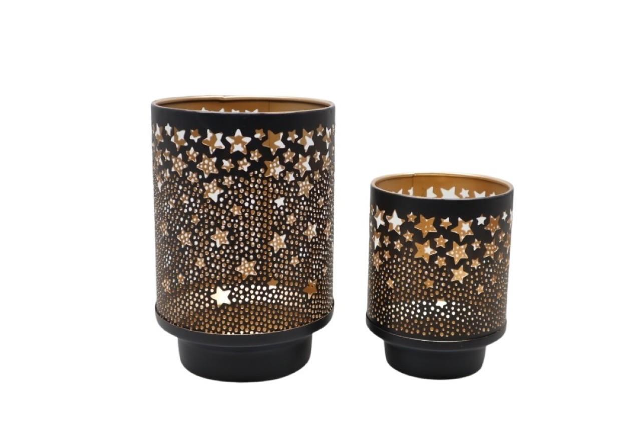 Windlicht m. Sternen Set/2 Metall schwarz/gold D13xH19cm