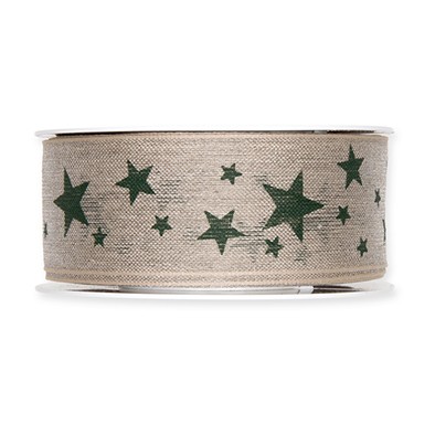Leinen-Druckband Sterne 40 mm 15 Meter natur/green 32