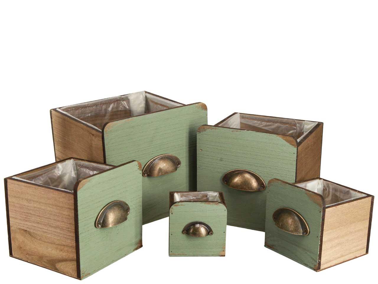 Schubladen m. Griff Set/5 Holz antikgrün D21-9cm