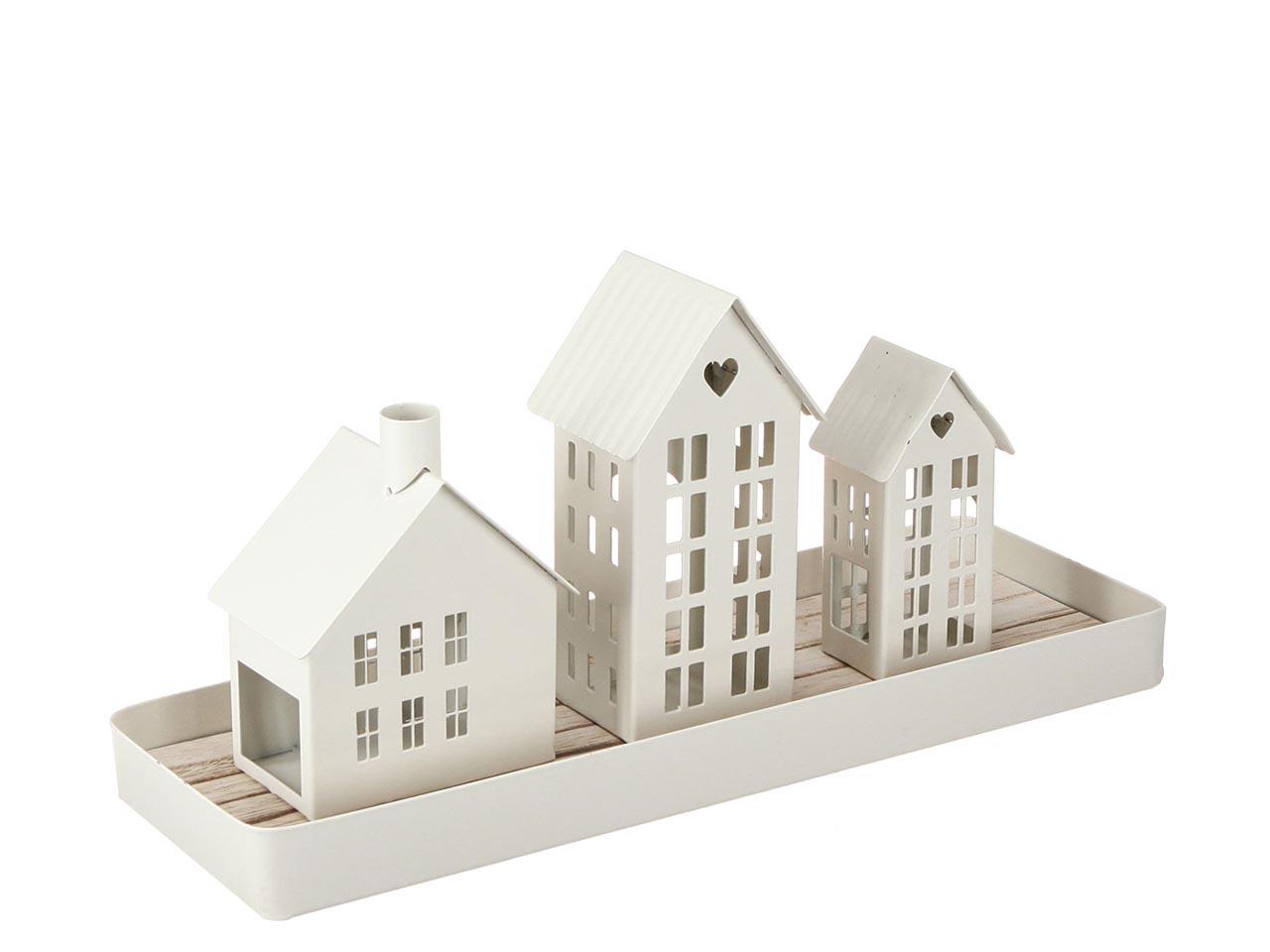 Tablett m. Häuser Set/3 Metall/Holz creme L35x12cm