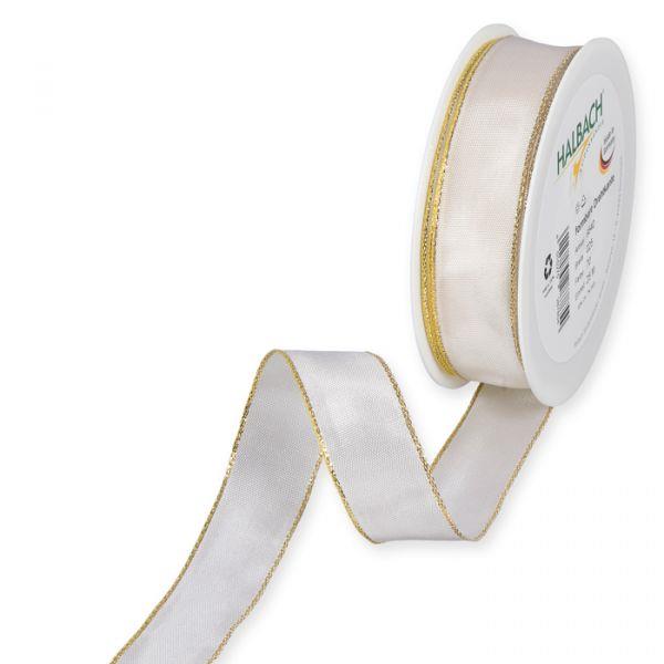 Band m. Goldkante/Draht 25mm 25 Meter creme 70