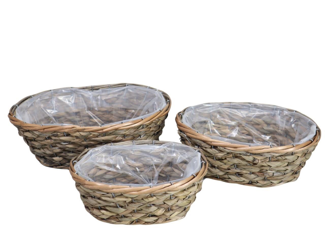 Pflanzkorb Strohseil oval Set/3 22x16-35x25 cm grey-washed