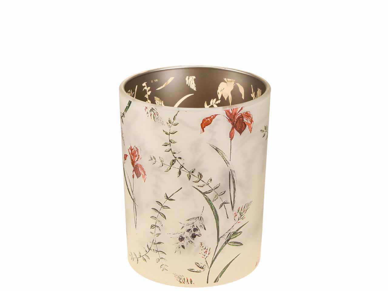 Windlicht m. Blumen Glas creme/rot/grün D10cm H12,5cm