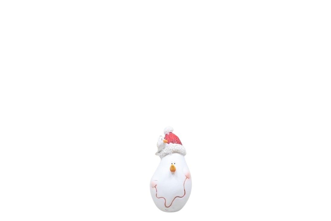 Schneemann m. Vogel Polyresin weiß/rot 4x8cm