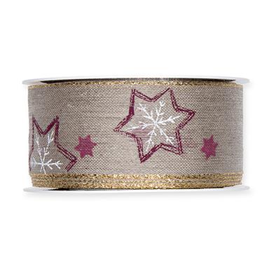 Leinen-Druckband Sterne 40 mm 12 Meter berry/white/gold 509