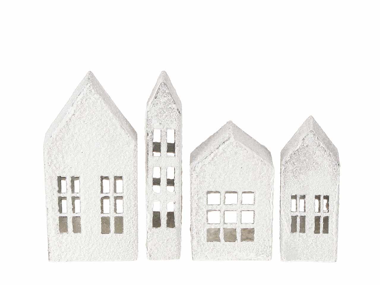 Häuserreihe einzeln Set/4 Metall weiß-beflockt H10-14cm