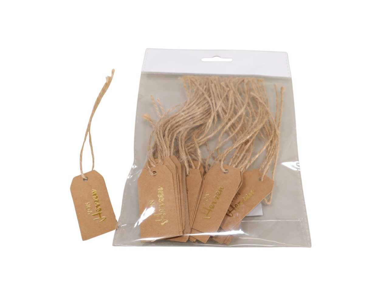 Etikett "Von Herzen" Papier natur/gold m. Jutefaden D3x6cm