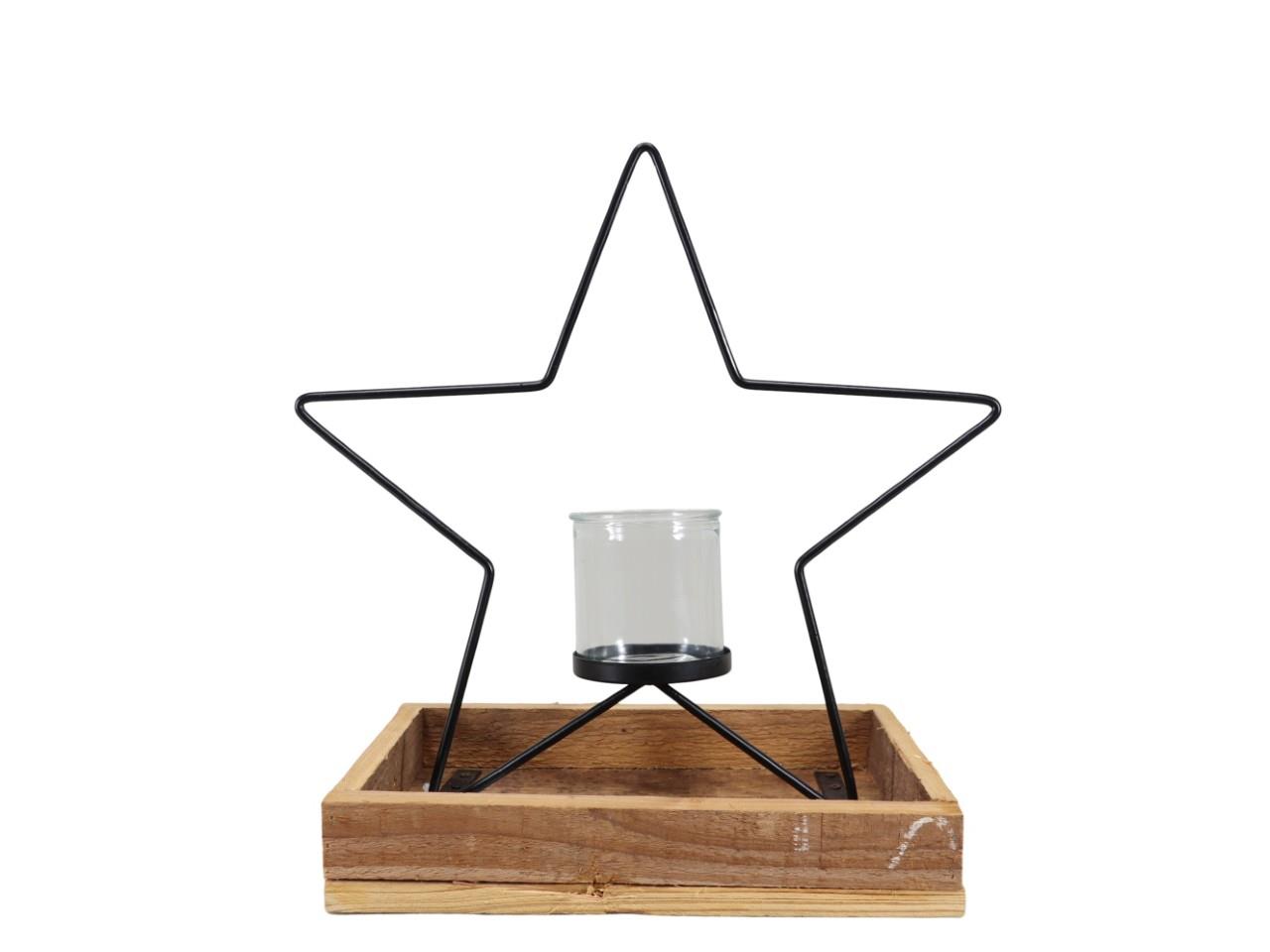 Stern m. Zylinderglas D8cm Metall auf Holztablett D35cm