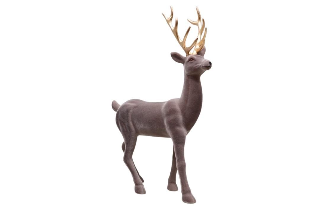 Hirsch beflockt grau Kunststoff mit goldenem Geweih H 45cm