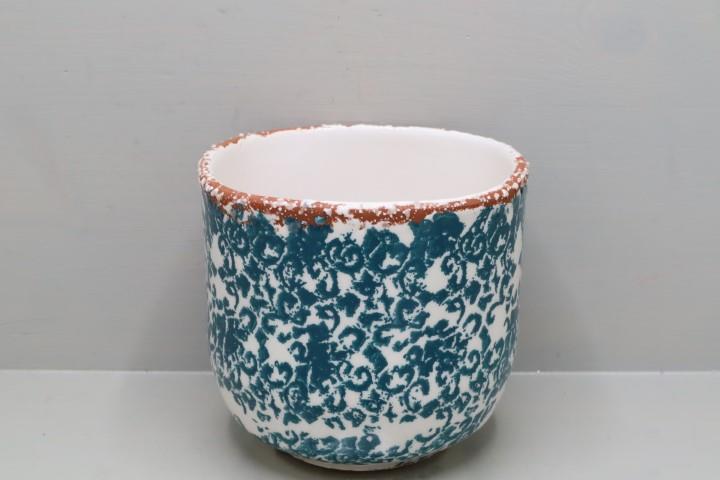 Übertopf Keramik Shabby glasiert D14cm Blüten grün