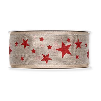 Leinen-Druckband Sterne 40 mm 15 Meter natur/red 65