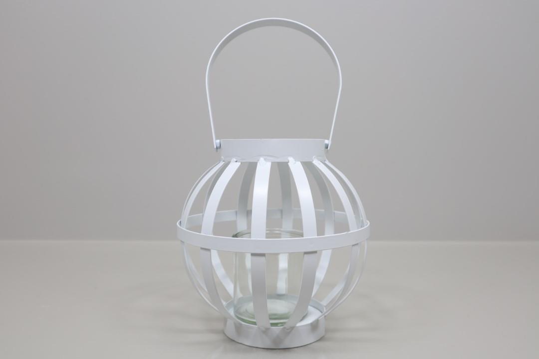 Laterne mit Henkel Metall weiß & Windlicht Glas H30xD21cm