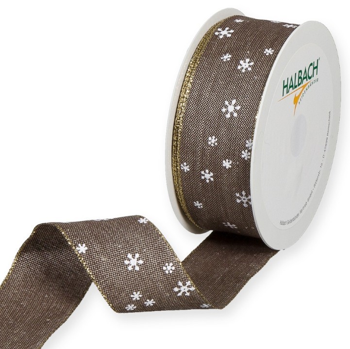 Leinen-Band Schneesterchen 40 mm 15 m braun/weiss/gold 96